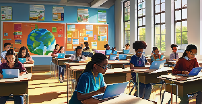 A classroom with students using laptops and tablets, a teacher assisting them, and bright sunlight coming through windows.