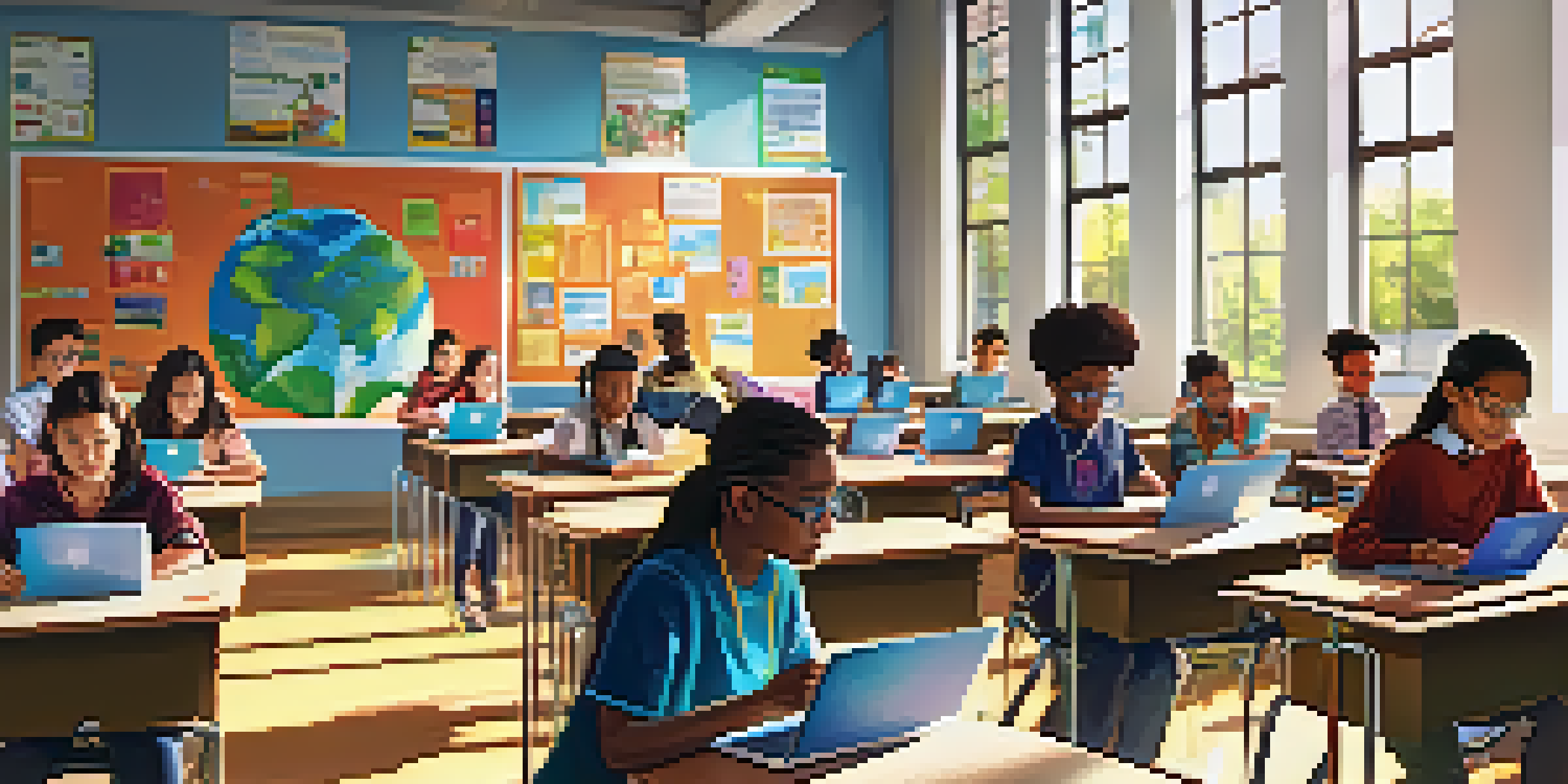 A classroom with students using laptops and tablets, a teacher assisting them, and bright sunlight coming through windows.