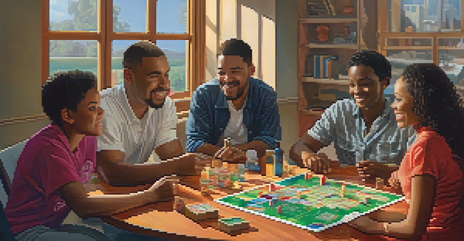 A diverse group of adults enjoying a board game designed for educational purposes, surrounded by colorful game pieces and a bright room.