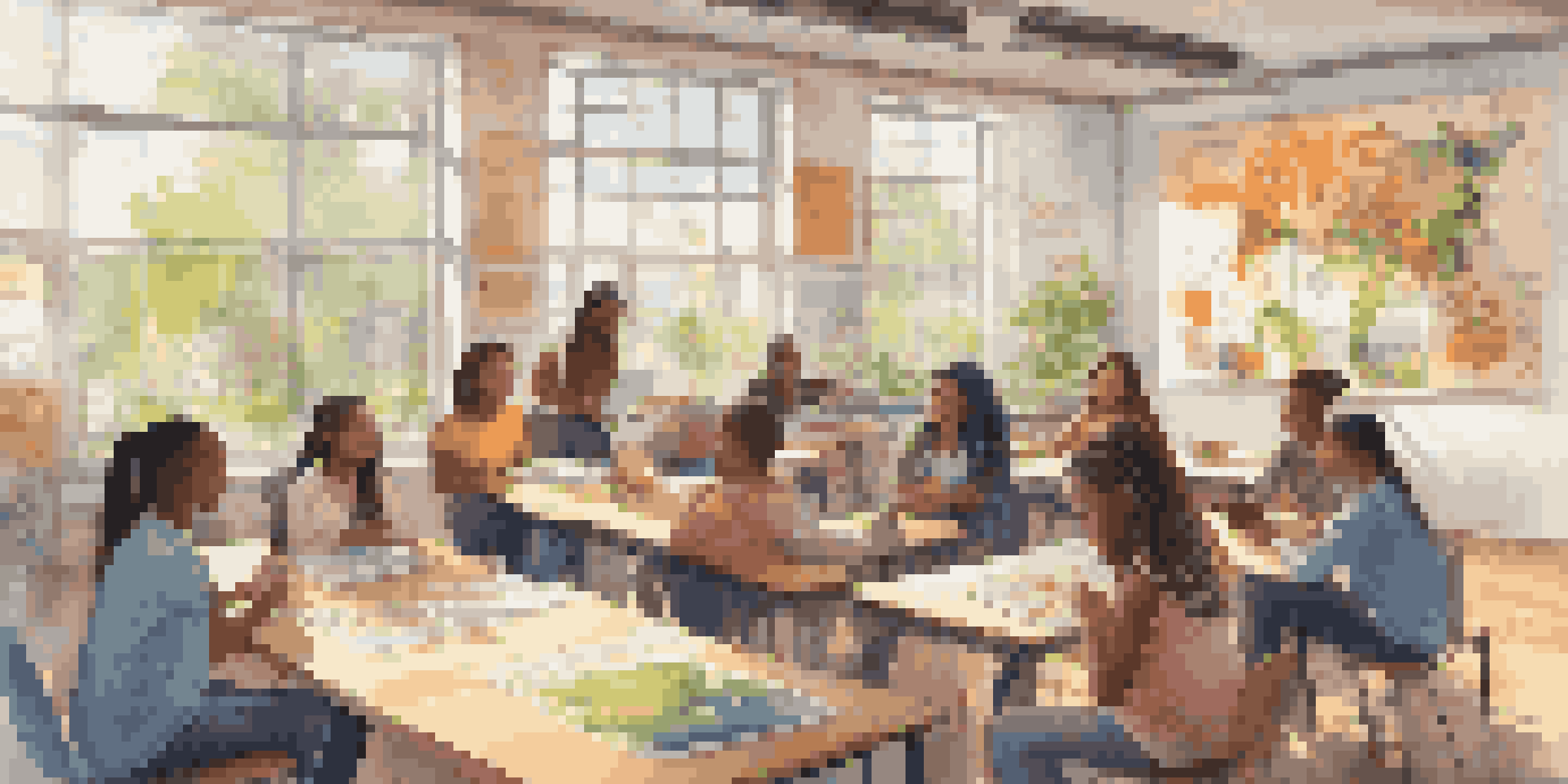 A diverse group of students engaged in a discussion in a bright classroom, with colorful climate change posters and laptops open.