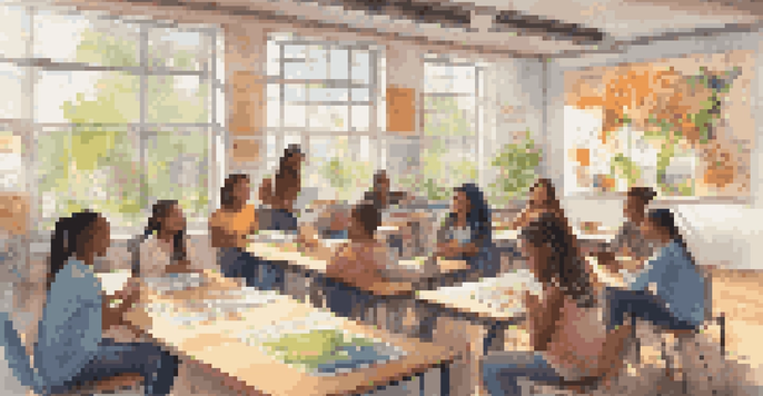 A diverse group of students engaged in a discussion in a bright classroom, with colorful climate change posters and laptops open.