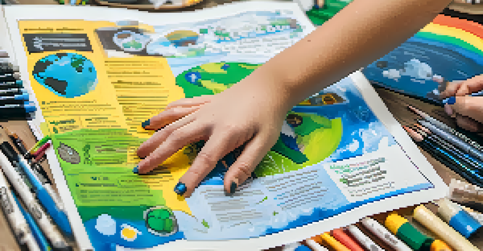 A close-up of a student's hands working on a colorful climate action poster with vibrant markers and recycled materials, surrounded by art supplies in a well-lit workspace.