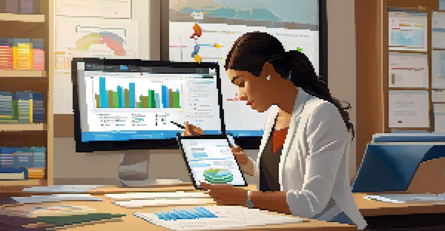 An educational administrator analyzing student performance data on a computer screen in a well-lit office.