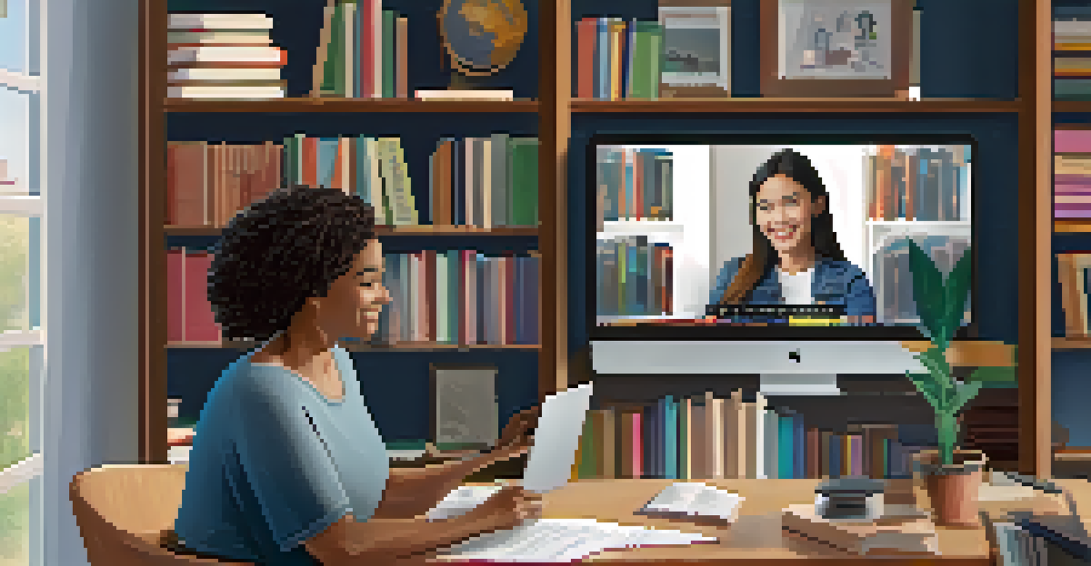 An educator teaching online communication skills through a video call with students in a cozy home office setting.