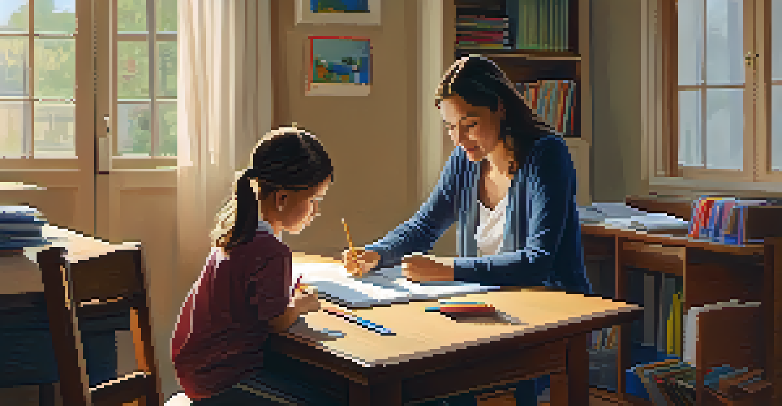 A parent and child in a warm home setting discussing homework with positive reinforcement.