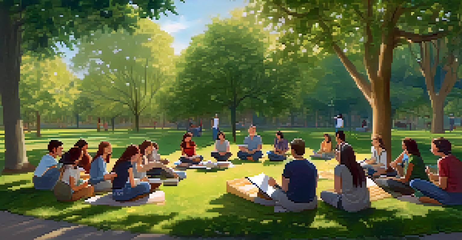 Teachers collaborating in a circle in a serene park setting, engaged in positive discussions.