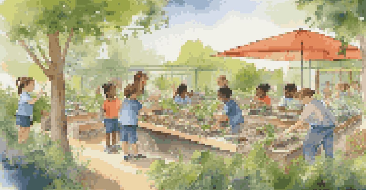 Children participating in a science experiment outdoors, observing plants and insects with a teacher in a lush green setting.