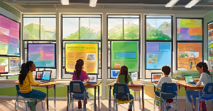 A lively classroom filled with students using laptops and discussing projects, with bright sunlight and colorful educational posters.