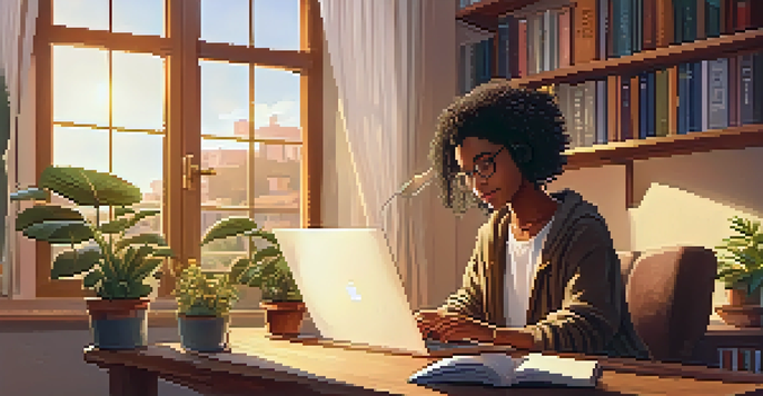 A student studying at a desk with a laptop in a warm, inviting room, decorated with plants and sunlight coming through a window.