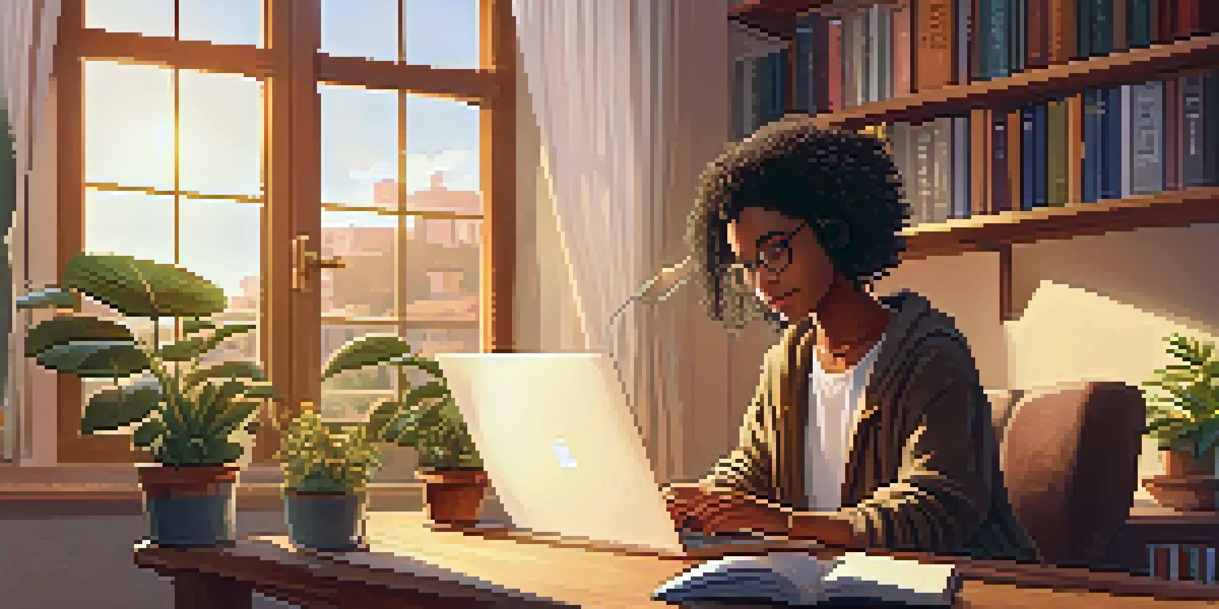 A student studying at a desk with a laptop in a warm, inviting room, decorated with plants and sunlight coming through a window.