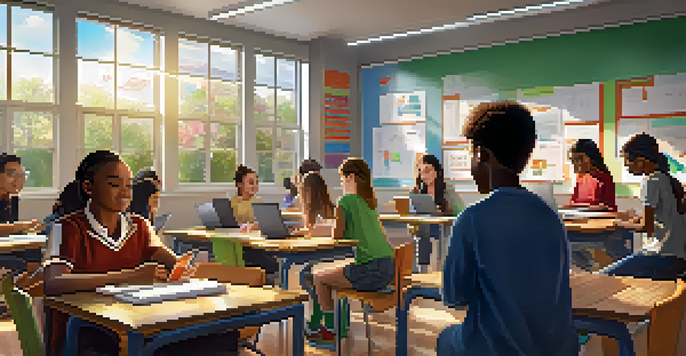 A diverse group of students in a modern classroom using laptops and tablets for collaborative learning, with a teacher assisting them.