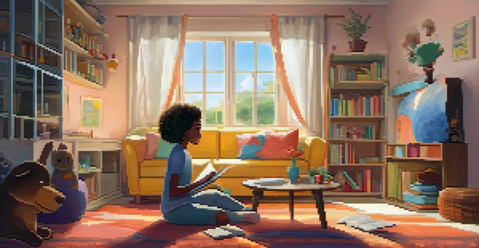 A parent and child reading together on a sofa, discussing emotions from a storybook in a warmly lit room.