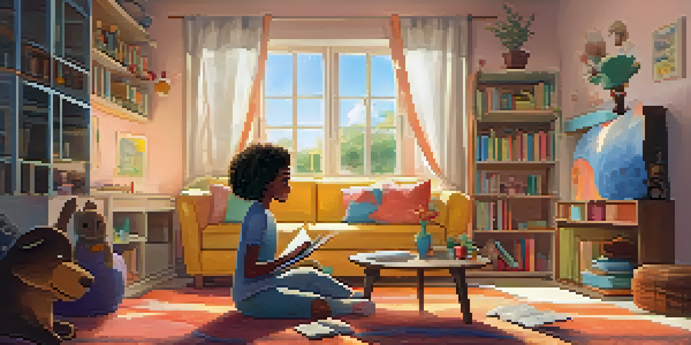 A parent and child reading together on a sofa, discussing emotions from a storybook in a warmly lit room.