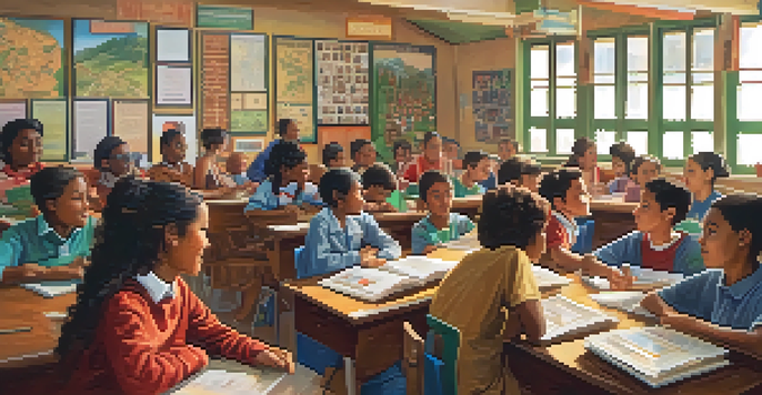 A lively classroom with diverse students discussing and sharing cultural stories, surrounded by colorful decorations and natural light.