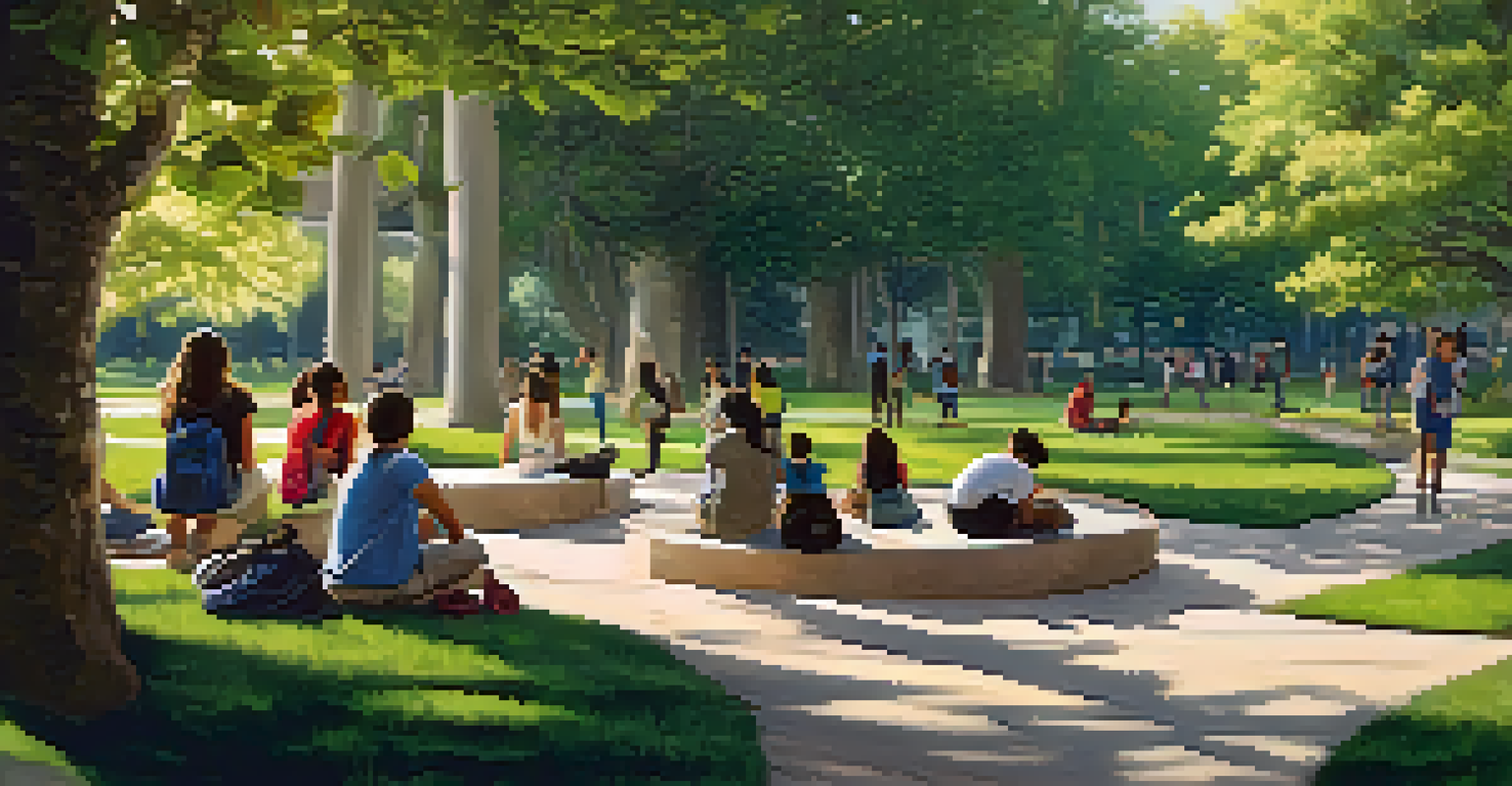 Students practicing mindfulness in a park, observing nature around them.
