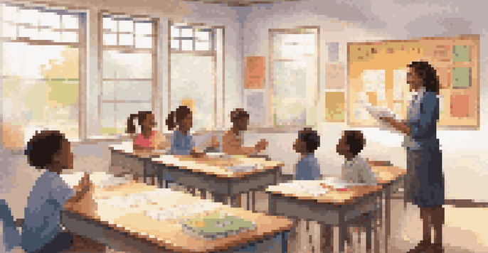 A cheerful classroom with a teacher interacting with happy students, decorated with educational posters and a gratitude board.