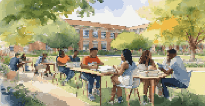 A diverse group of first-generation college students studying together outdoors, surrounded by greenery and flowers, under a clear blue sky.