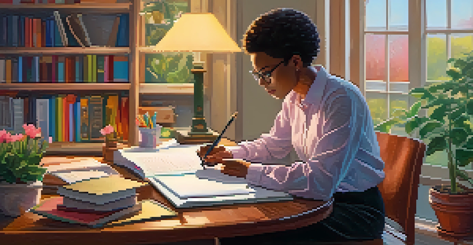 An educator at a desk writing down goals for professional development, surrounded by books and a warm, inviting atmosphere.