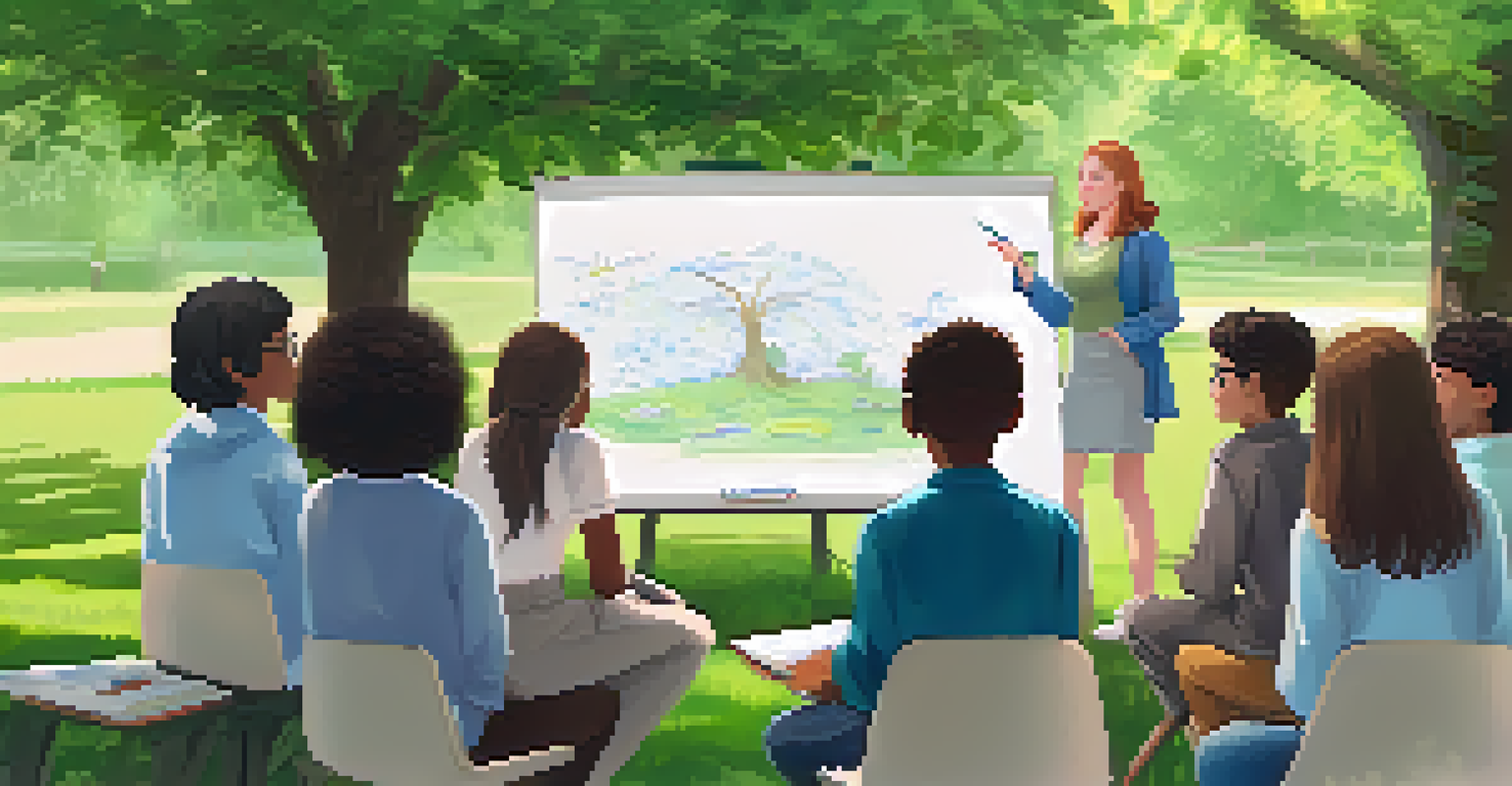 A student teaching peers outdoors in a park, with a whiteboard and lush greenery surrounding them.
