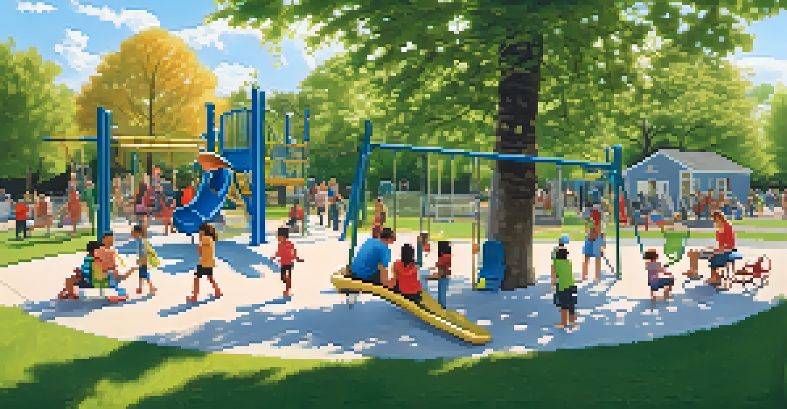 A community playground filled with families and children playing, surrounded by trees and blue skies.