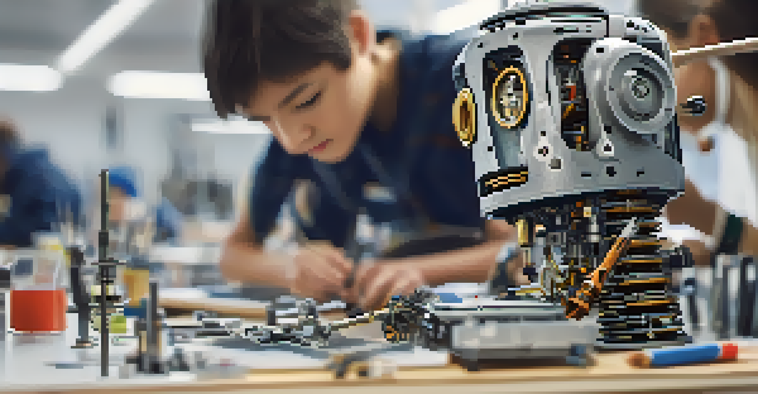 A focused student assembling a robot, showcasing the intricate details of the robot's mechanical parts and tools in a classroom.