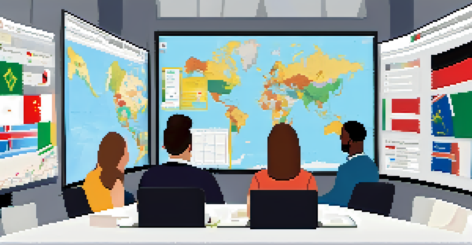 An international team of educators in a virtual meeting, discussing strategies with maps and graphs on the screen, representing global collaboration.