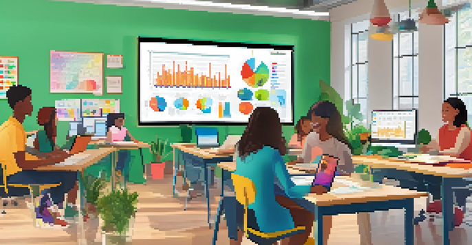 A diverse group of students participating in a virtual classroom, sharing ideas on a collaborative workspace with colorful visuals.