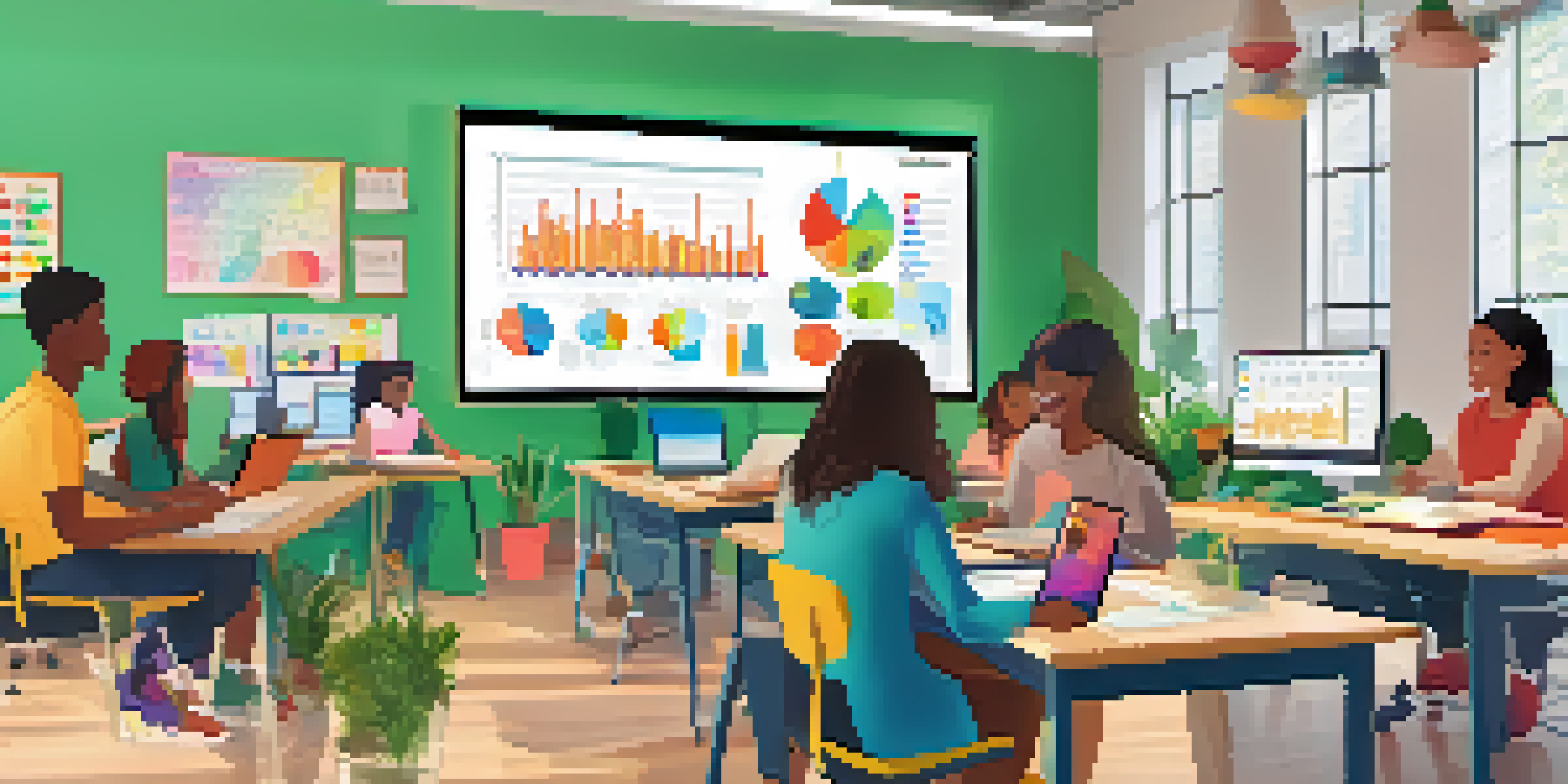 A diverse group of students participating in a virtual classroom, sharing ideas on a collaborative workspace with colorful visuals.