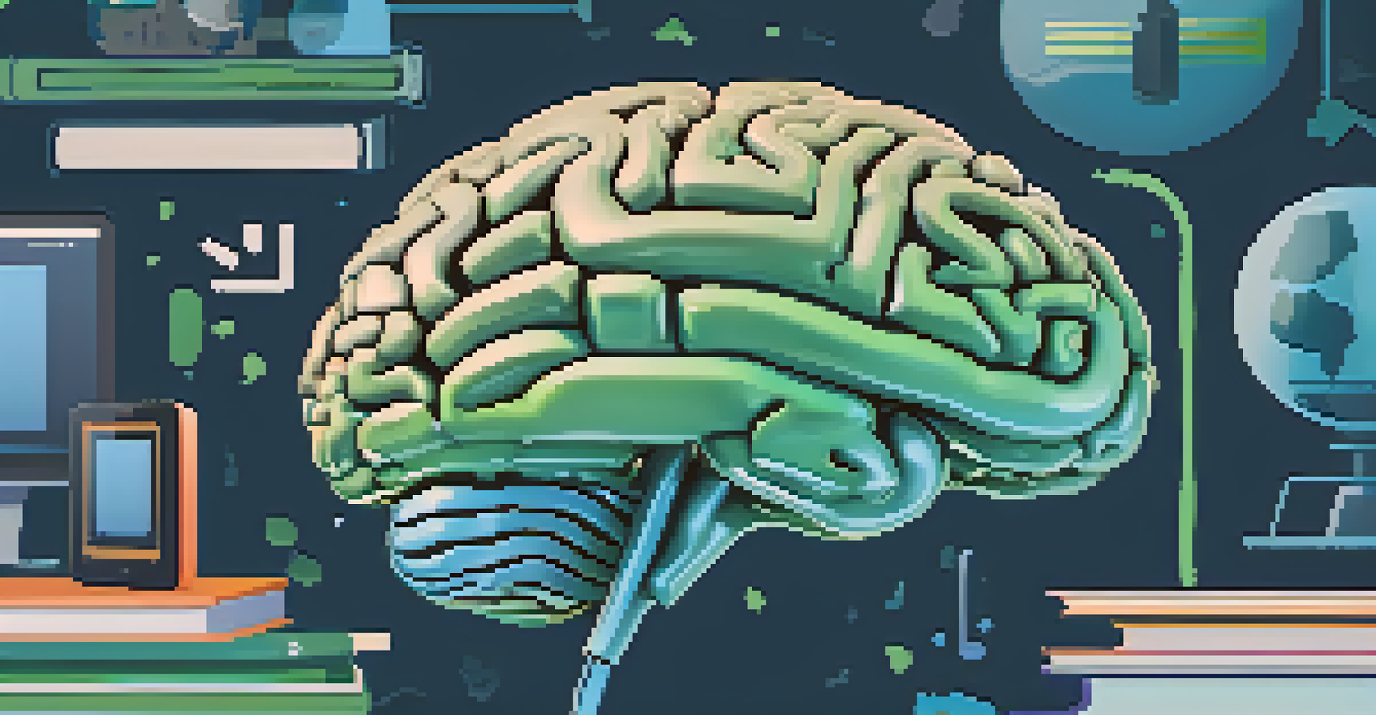 An artistic depiction of the brain showing active areas during learning, with digital icons around it, set against a calming blue-green gradient background.