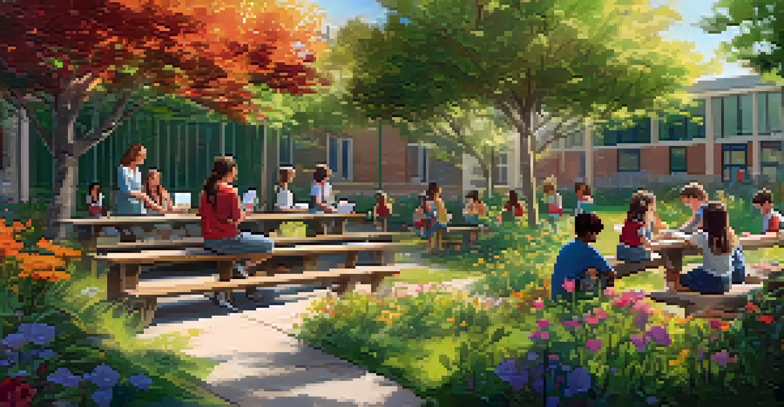 Students learning in an outdoor garden setting, surrounded by nature, with a teacher guiding them.