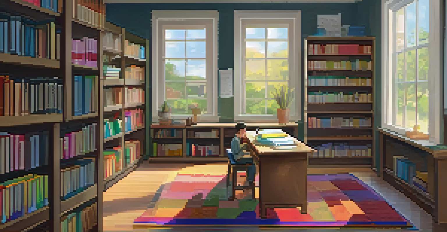 Students in a cozy classroom journaling at a corner with soft lighting, colorful rugs, and bookshelves, one student writing while another looks out the window.