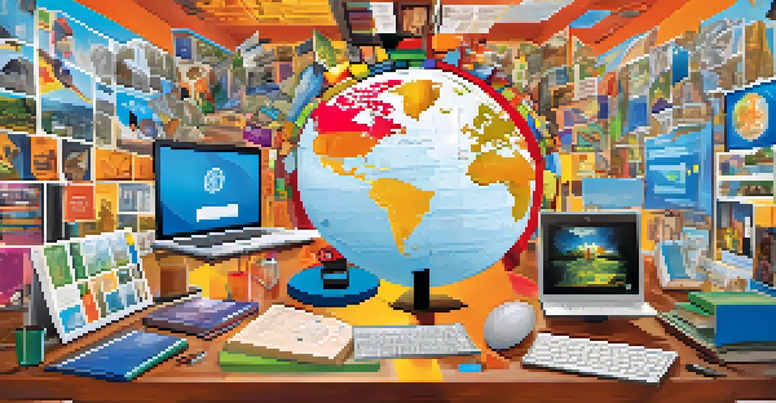 A collage of educational resources accessed through video conferencing, including a globe, textbooks, and diverse guest speakers on screens.