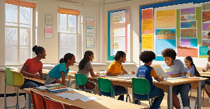 A diverse group of students working together in a bright classroom, showcasing inclusivity and collaboration.