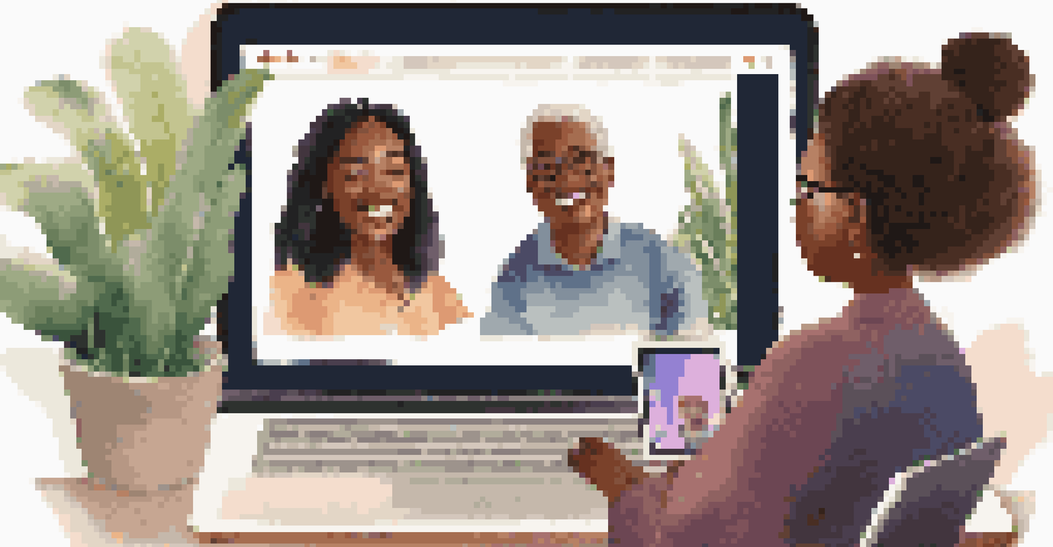 A laptop screen showing a mentor and mentee engaged in a friendly video call, with a cozy background of plants and books.