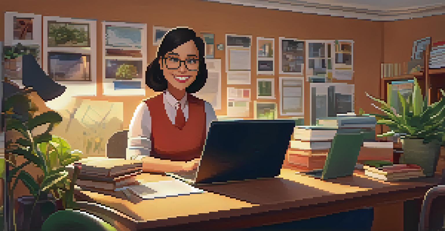 A teacher in a home office conducting a video conference, smiling and engaging with students on the laptop screen.