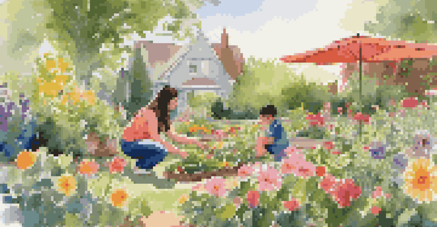 A parent and child exploring a colorful community garden, surrounded by flowers and greenery.