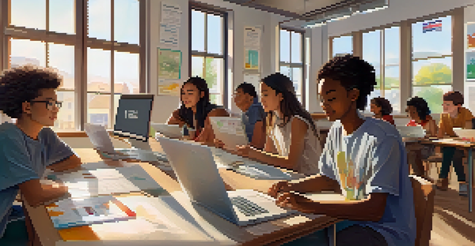 A diverse group of students in a bright classroom, engaged in online learning with laptops, surrounded by educational posters.