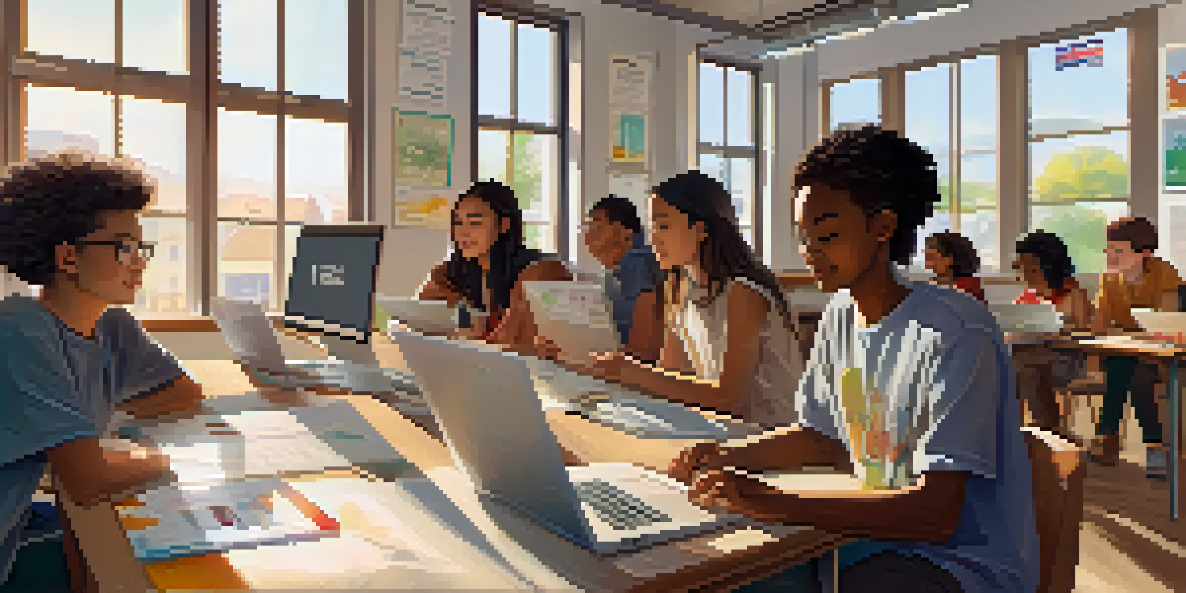 A diverse group of students in a bright classroom, engaged in online learning with laptops, surrounded by educational posters.