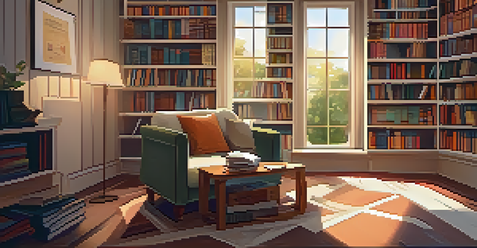 A cozy reading nook for adult learners, featuring a comfortable armchair, a cup of coffee, and walls decorated with motivational quotes and posters.
