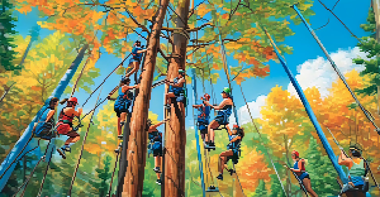 A team working together on a ropes course, using non-verbal communication to support each other.
