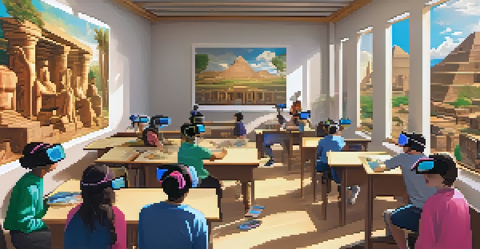 A classroom with students using virtual reality headsets to explore a 3D model of an ancient civilization, showcasing their engagement and curiosity.