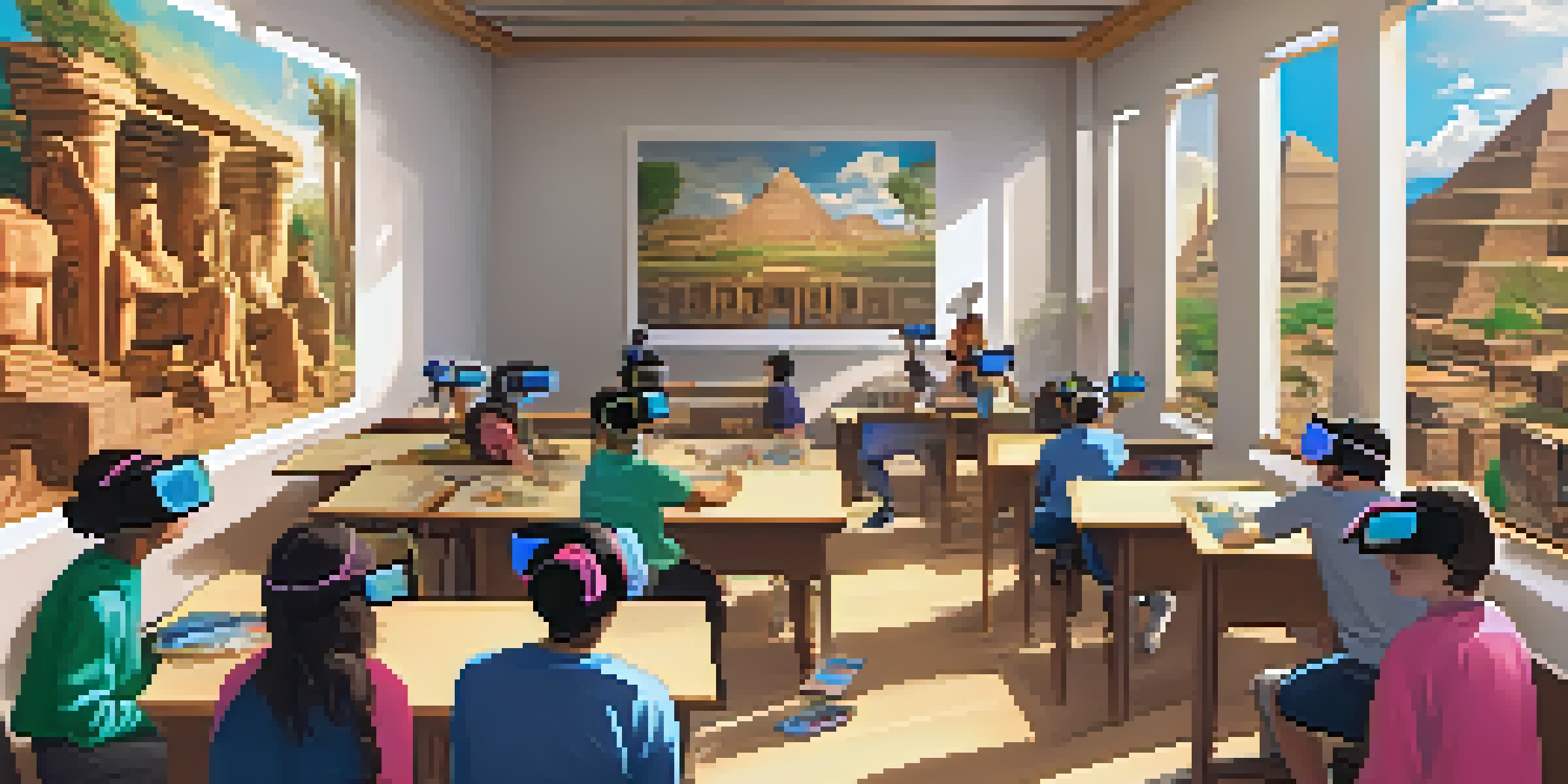 A classroom with students using virtual reality headsets to explore a 3D model of an ancient civilization, showcasing their engagement and curiosity.