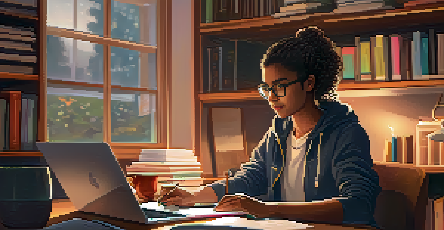 A student engaged in online learning at a desk, with books and stationery in a cozy study environment.
