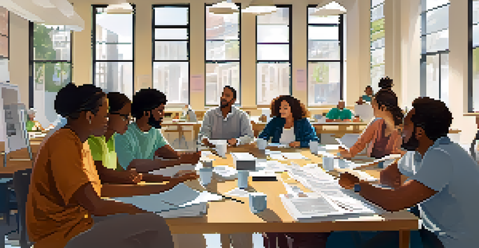 A group of adult learners collaborating in a bright workshop, discussing ideas around a table filled with materials.