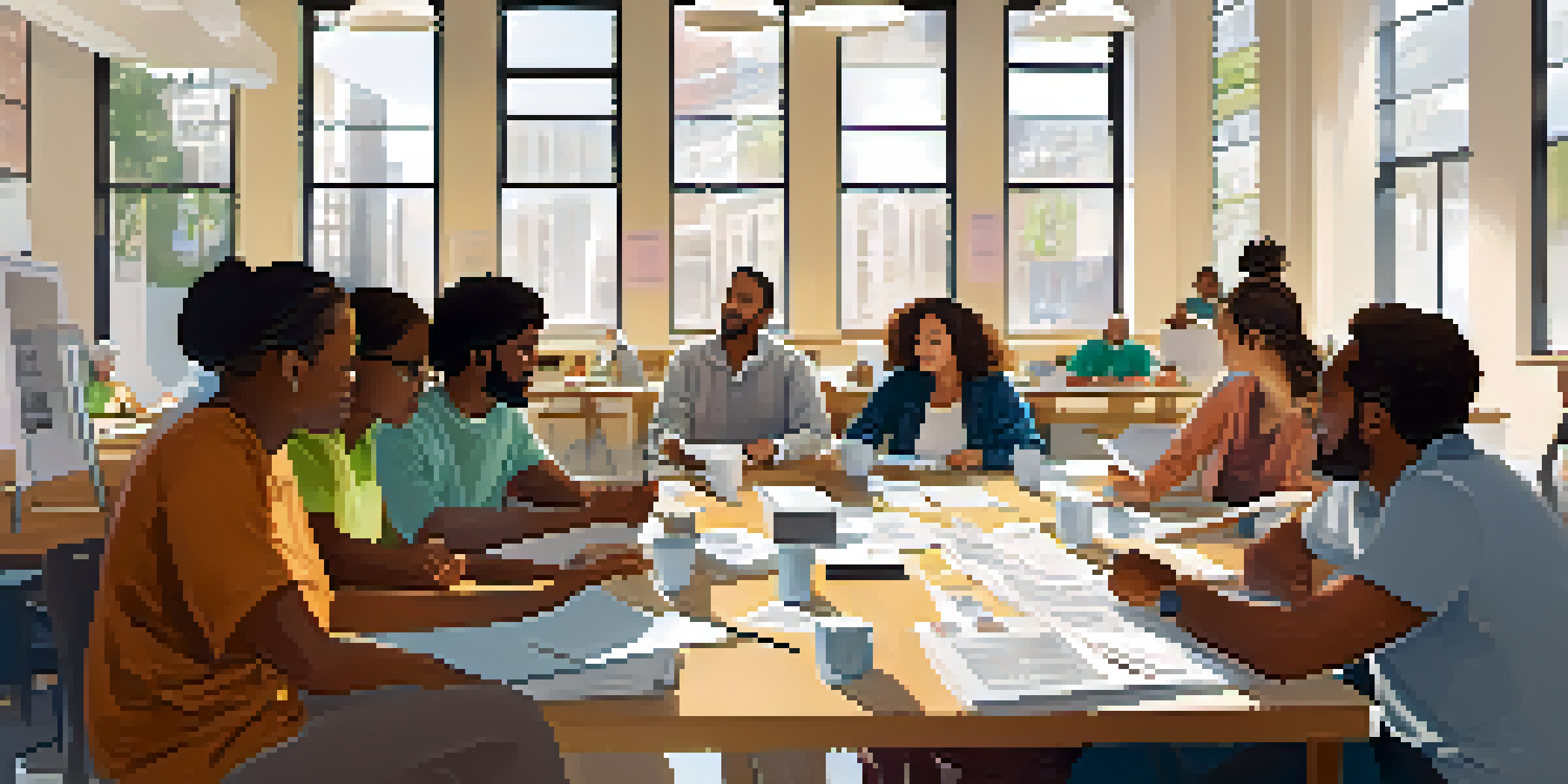 A group of adult learners collaborating in a bright workshop, discussing ideas around a table filled with materials.