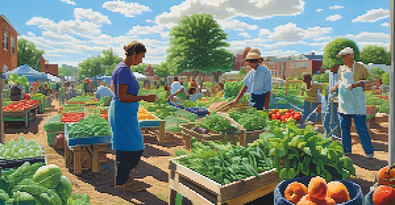 A community garden with diverse individuals harvesting fresh vegetables and fruits under a clear blue sky.