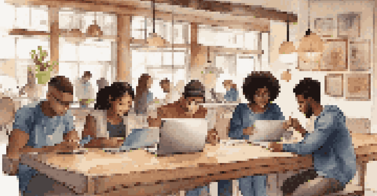A group of diverse students working together on a mobile app project in a café, with laptops and smartphones on the table.