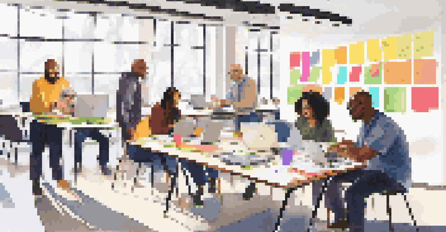 A diverse group of adult learners working together on laptops and tablets in a modern workspace.