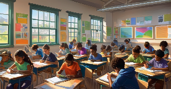 A classroom full of students using tablets for digital assessments, with sunlight streaming in and colorful decorations on the walls.
