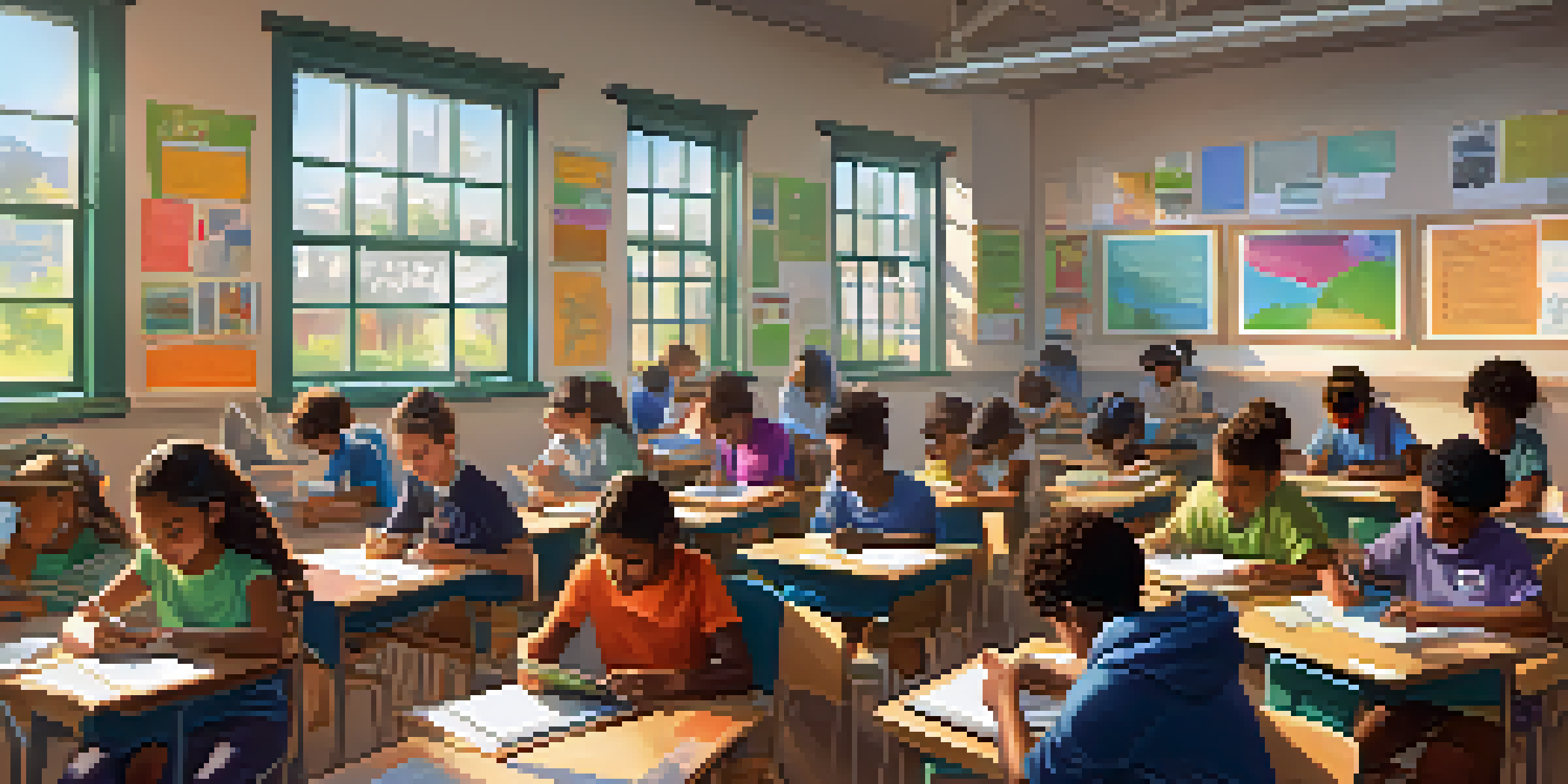 A classroom full of students using tablets for digital assessments, with sunlight streaming in and colorful decorations on the walls.